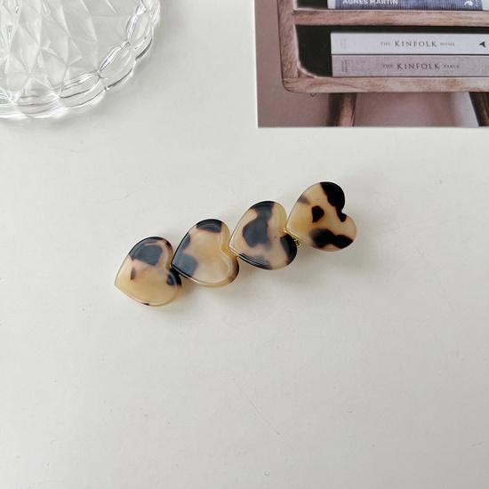 Immagine di Acetic Acid Resin Acetate Acrylic Acetimar Marble Retro Hair Clips Gold Plated Coffee Heart 6.9cm x 2cm, 1 Piece