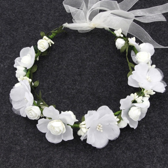 Immagine di Plastic Wedding Garland Headdress Flower Vine Crown Tiaras With Adjustable Ribbon White Flower Leaf Imitation Pearl 50cm x 1 Piece