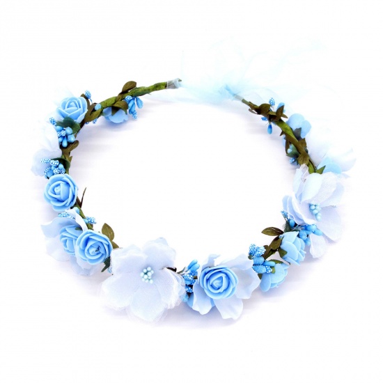 Immagine di Plastic Wedding Garland Headdress Flower Vine Crown Tiaras With Adjustable Ribbon Blue Flower Leaf Imitation Pearl 50cm x 1 Piece