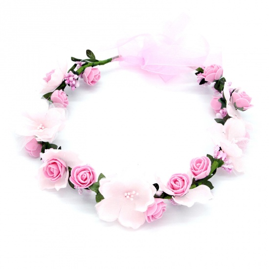 Immagine di Plastic Wedding Garland Headdress Flower Vine Crown Tiaras With Adjustable Ribbon Pink Flower Leaf Imitation Pearl 50cm x 1 Piece