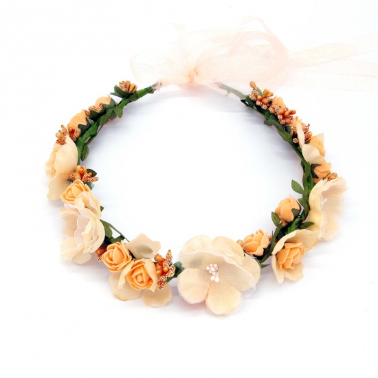 Immagine di Plastic Wedding Garland Headdress Flower Vine Crown Tiaras With Adjustable Ribbon Orange Flower Leaf Imitation Pearl 50cm x 1 Piece