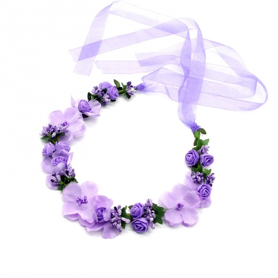 Immagine di Plastic Wedding Garland Headdress Flower Vine Crown Tiaras With Adjustable Ribbon Purple Flower Leaf Imitation Pearl 50cm x 1 Piece
