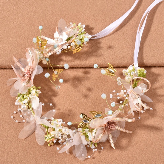 Immagine di Plastic Wedding Garland Headdress Flower Vine Crown Tiaras With Adjustable Ribbon Multicolor Flower Grass Imitation Pearl 14cm Dia., 1 Piece