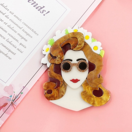 Picture of Acetic Acid Resin Acetate Acrylic Acetimar Marble Stylish Pin Brooches Girl Eyeglasses Silver Tone Brown 6.5cm x 5cm, 1 Piece