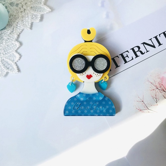 Picture of Acetic Acid Resin Acetate Acrylic Acetimar Marble Stylish Pin Brooches Girl Eyeglasses Silver Tone Lake Blue 6.5cm x 3.5cm, 1 Piece