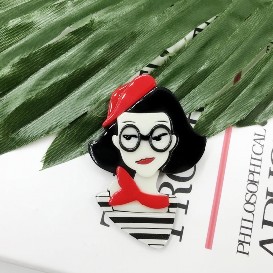 Picture of Acetic Acid Resin Acetate Acrylic Acetimar Marble Stylish Pin Brooches Girl Eyeglasses Silver Tone Red 7cm x 5cm, 1 Piece