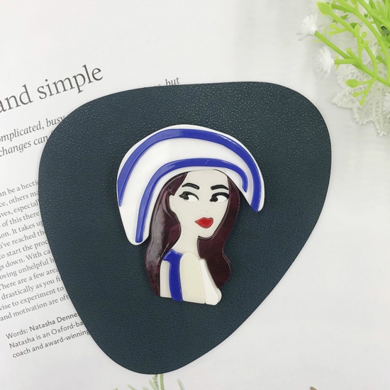 Picture of Acetic Acid Resin Acetate Acrylic Acetimar Marble Stylish Pin Brooches Girl Hat Silver Tone Blue 7cm x 5.8cm, 1 Piece