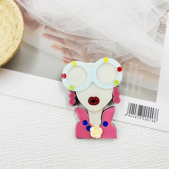 Picture of Acetic Acid Resin Acetate Acrylic Acetimar Marble Stylish Pin Brooches Girl Eyeglasses Silver Tone Pink 6cm x 4.8cm, 1 Piece