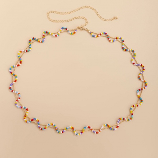 Picture of Acrylic Boho Chic Bohemia Beaded Body Belly Chain Necklace Wave Gold Plated Multicolor 68cm(26 6/8") long, 1 Piece