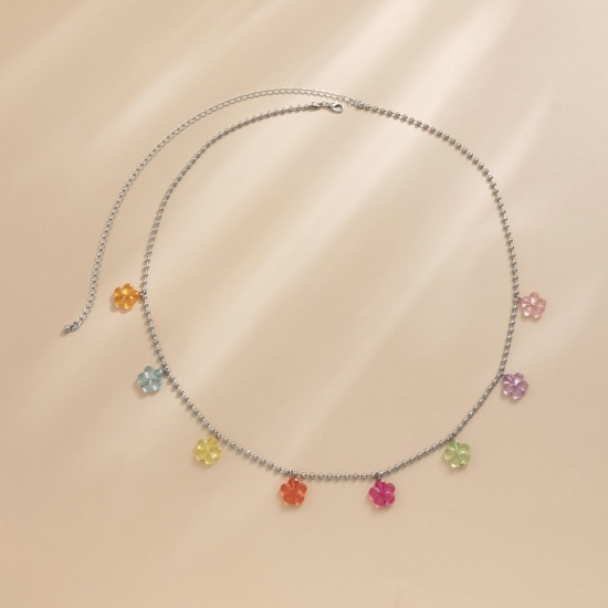 Picture of Acrylic Boho Chic Bohemia Body Belly Chain Necklace Tassel Flower Silver Tone Multicolor 68cm(26 6/8") long, 1 Piece