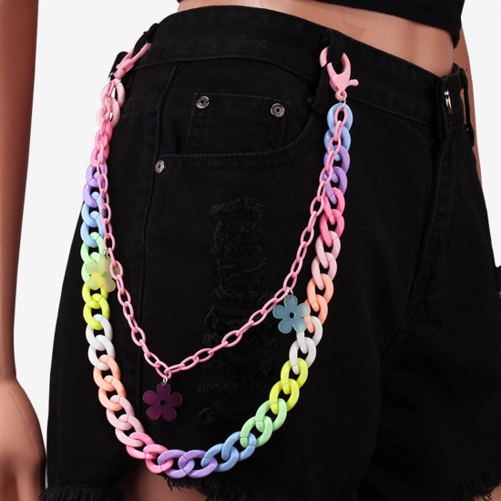 Picture of Acrylic Hip-Hop Keychain Waist Pants Double Layer Trousers Chain Jewelry Flower Multicolor 42-52cm long, 1 Piece