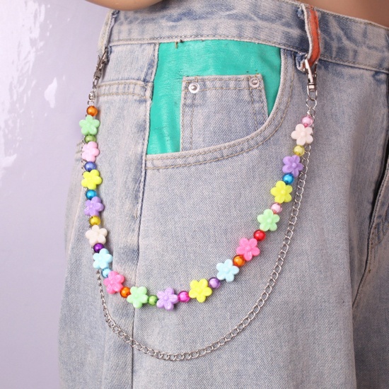 Picture of Acrylic Hip-Hop Keychain Waist Pants Double Layer Trousers Chain Jewelry Flower Silver Tone Multicolor Beaded 37-45cm long, 1 Piece