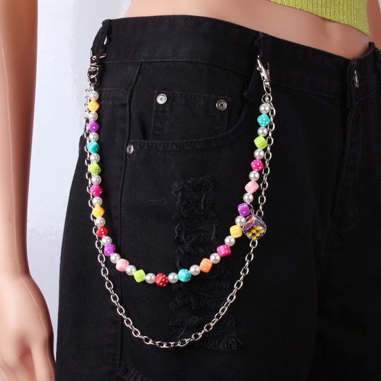 Picture of Acrylic Hip-Hop Keychain Waist Pants Double Layer Trousers Chain Jewelry Dice Silver Tone Multicolor Beaded 37-45cm long, 1 Piece
