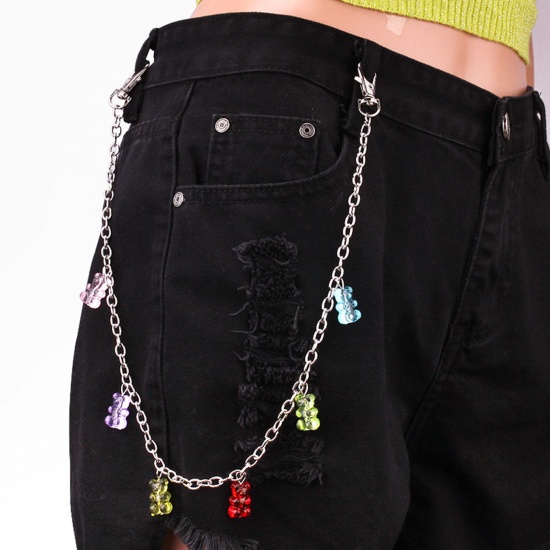Picture of Acrylic Hip-Hop Keychain Waist Pants Trousers Chain Jewelry Bear Animal Silver Tone Multicolor 52cm long, 1 Piece