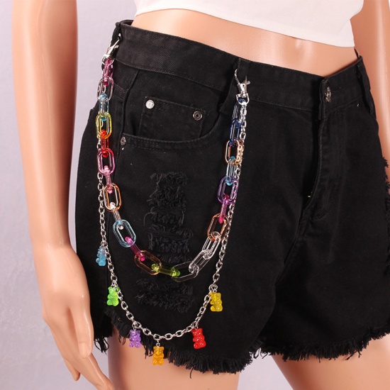 Picture of Acrylic Hip-Hop Keychain Waist Pants Double Layer Trousers Chain Jewelry Bear Animal Silver Tone Multicolor 42-53cm long, 1 Piece
