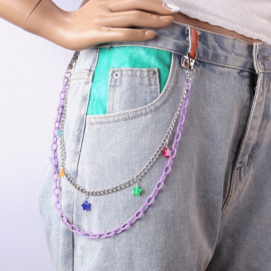 Picture of Acrylic Hip-Hop Keychain Waist Pants Double Layer Trousers Chain Jewelry Star Silver Tone Multicolor 38-48cm long, 1 Piece
