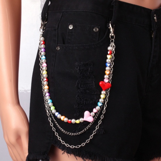 Picture of Acrylic Hip-Hop Keychain Waist Pants Double Layer Trousers Chain Jewelry Heart Silver Tone Multicolor Imitation Pearl 37-46cm long, 1 Piece
