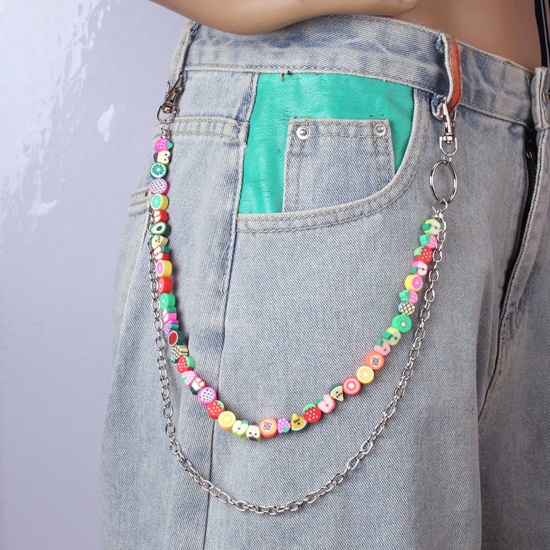 Picture of Acrylic Hip-Hop Keychain Waist Pants Double Layer Trousers Chain Jewelry Fruit Silver Tone Multicolor Beaded 37-46cm long, 1 Piece