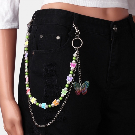 Picture of Acrylic Hip-Hop Keychain Waist Pants Double Layer Trousers Chain Jewelry Butterfly Animal Silver Tone Multicolor Beaded 37-47cm long, 1 Piece