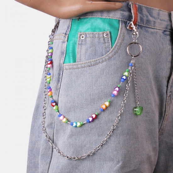 Picture of Acrylic Hip-Hop Keychain Waist Pants Double Layer Trousers Chain Jewelry Heart Silver Tone Multicolor Beaded 37-47cm long, 1 Piece