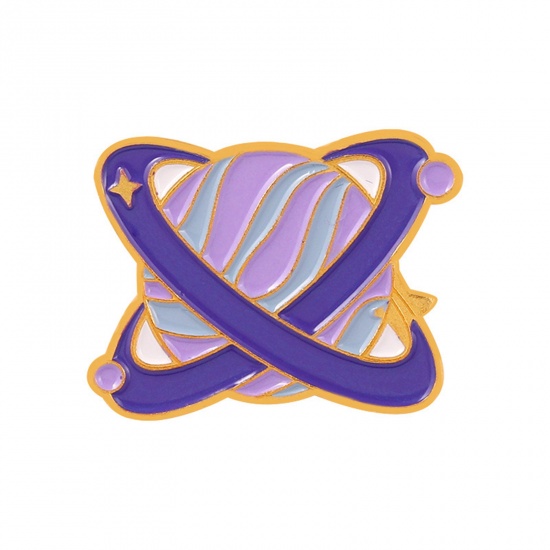 Picture of Galaxy Pin Brooches Round Universe Planet Gold Plated Purple Enamel 2.5cm x 1.9cm, 1 Piece