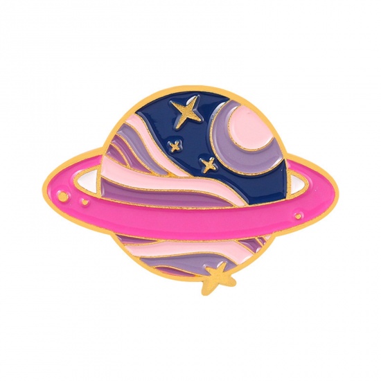 Picture of Galaxy Pin Brooches Round Universe Planet Gold Plated Fuchsia Enamel 3.3cm x 2.3cm, 1 Piece