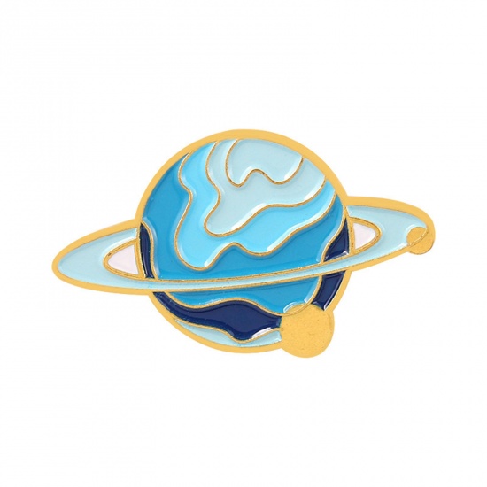Picture of Galaxy Pin Brooches Round Universe Planet Gold Plated Blue Enamel 3.1cm x 1.7cm, 1 Piece