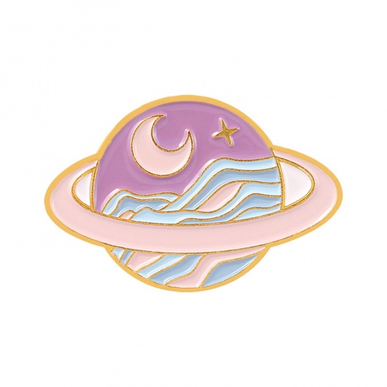 Picture of Galaxy Pin Brooches Round Universe Planet Gold Plated Pink Enamel 3cm x 1.9cm, 1 Piece