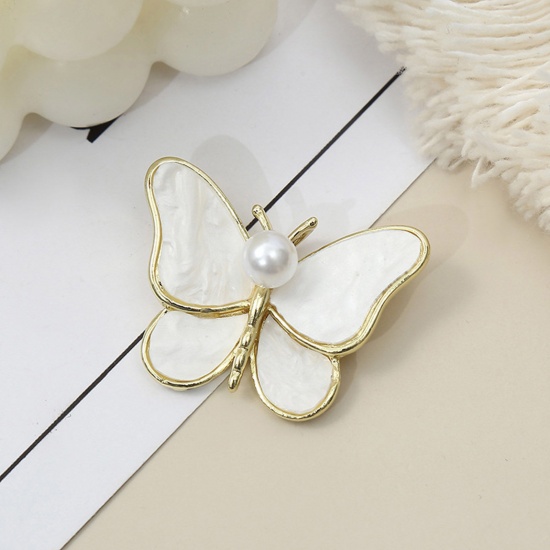 Picture of Acrylic Insect Pin Brooches Butterfly Animal Gold Plated White Imitation Pearl 4.1cm x 3cm, 1 Piece