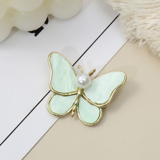 Picture of Acrylic Insect Pin Brooches Butterfly Animal Gold Plated Mint Green Imitation Pearl 4.1cm x 3cm, 1 Piece