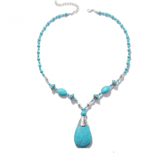 Image de Turquoise (Imitated) Boho Chic Bohemia Beaded Necklace Antique Silver Color Blue Drop 53cm(20 7/8") long, 1 Piece