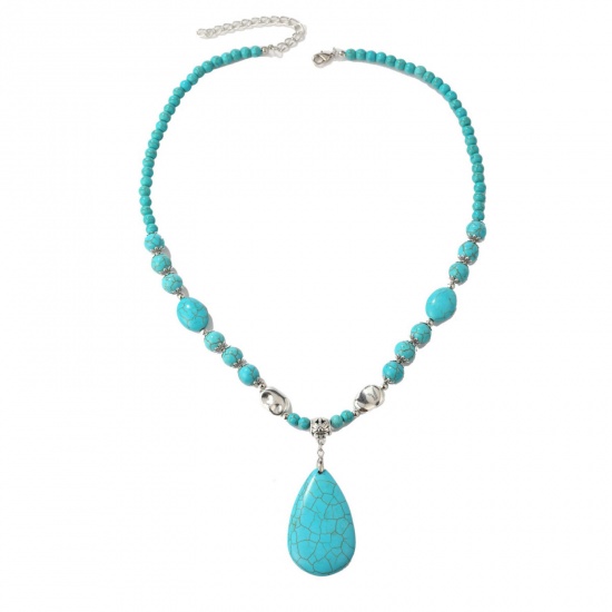 Picture of Turquoise (Imitated) Boho Chic Bohemia Beaded Necklace Antique Silver Color Blue Drop 53cm(20 7/8") long, 1 Piece