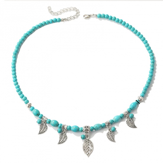 Picture of Turquoise (Imitated) Boho Chic Bohemia Beaded Necklace Antique Silver Color Blue Leaf 52cm(20 4/8") long, 1 Piece