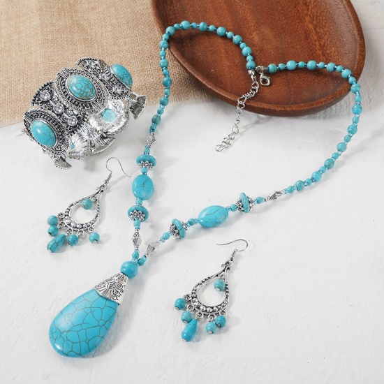 Immagine di Turquoise (Imitated) Boho Chic Bohemia Jewelry Set Antique Silver Color Blue Drop 53cm(20 7/8") long, 1 Set ( 3 PCs/Set)