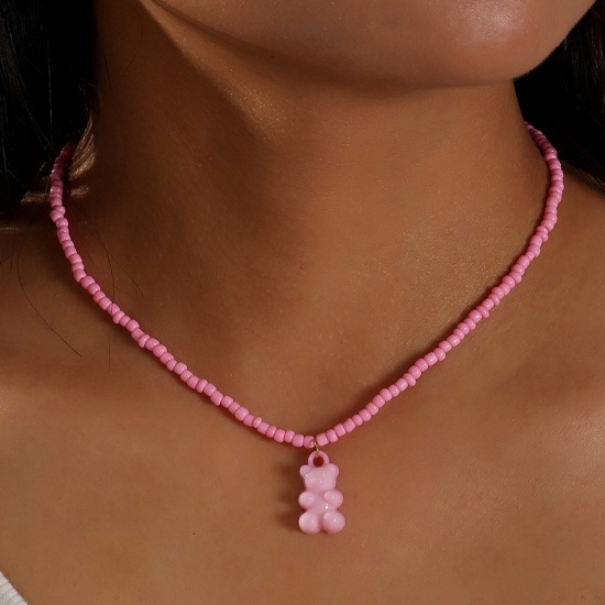 Picture of Resin Cute Beaded Necklace Gold Plated Pink Bear Animal 40cm(15 6/8") long, 1 Piece