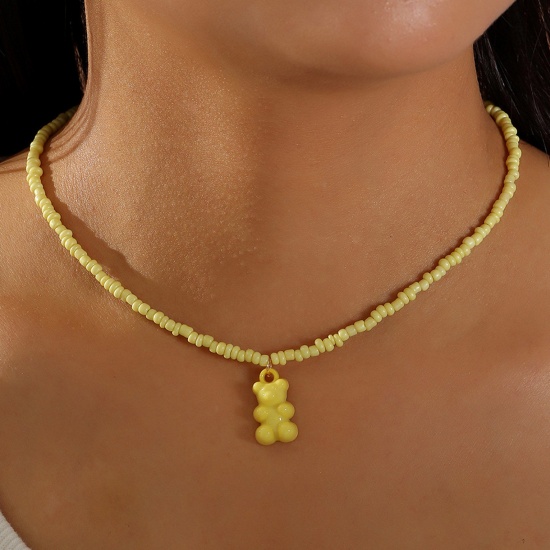 Picture of Resin Cute Beaded Necklace Gold Plated Yellow Bear Animal 40cm(15 6/8") long, 1 Piece