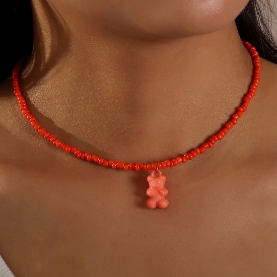 Picture of Resin Cute Beaded Necklace Gold Plated Orange Bear Animal 40cm(15 6/8") long, 1 Piece