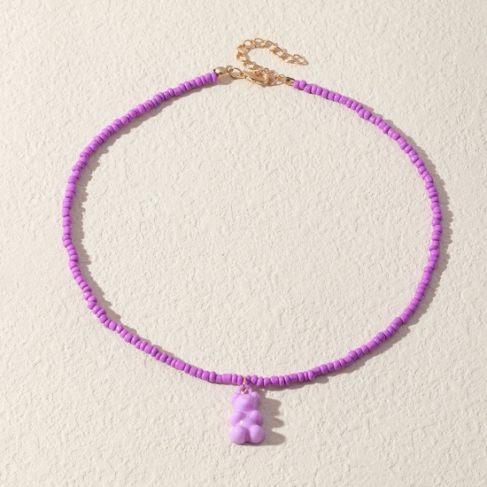 Picture of Resin Cute Beaded Necklace Gold Plated Purple Bear Animal 40cm(15 6/8") long, 1 Piece