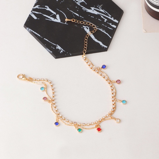 Picture of Exquisite Multilayer Layered Anklet Gold Plated Multicolor Rhinestone Clear Cubic Zirconia 20cm(7 7/8") long, 1 Piece