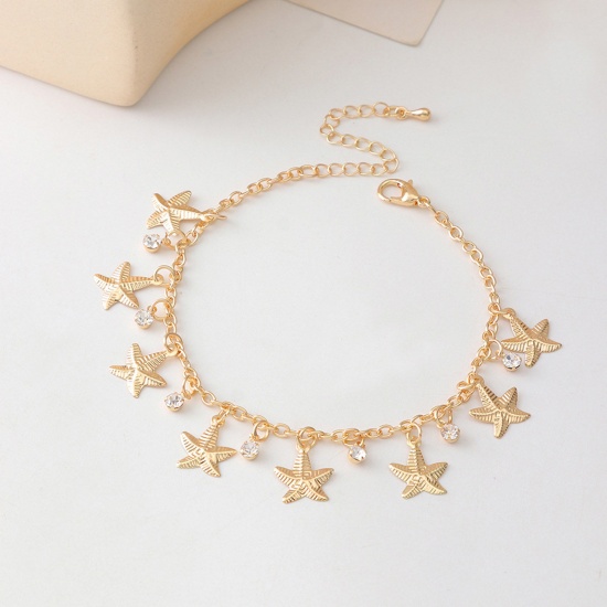 Picture of Exquisite Anklet Gold Plated Tassel Star Fish Clear Cubic Zirconia 20cm(7 7/8") long, 1 Piece