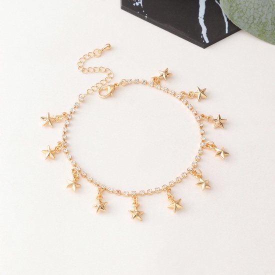 Picture of Exquisite Anklet Gold Plated Tassel Pentagram Star Clear Cubic Zirconia 20cm(7 7/8") long, 1 Piece