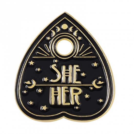 Picture of Punk Pin Brooches Heart Sun Moon Star Message " SHE & HER " Gold Plated Black Painted 2.8cm x 2.3cm, 1 Piece