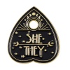 Picture of Punk Pin Brooches Heart Sun Moon Star Message " SHE & THEY " Gold Plated Black Painted 2.8cm x 2.3cm, 1 Piece