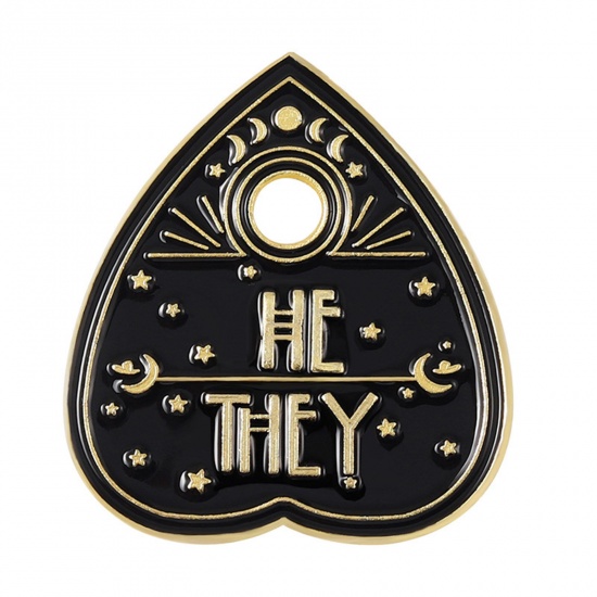 Picture of Punk Pin Brooches Heart Sun Moon Star Message " HE & THEY " Gold Plated Black Painted 2.8cm x 2.3cm, 1 Piece