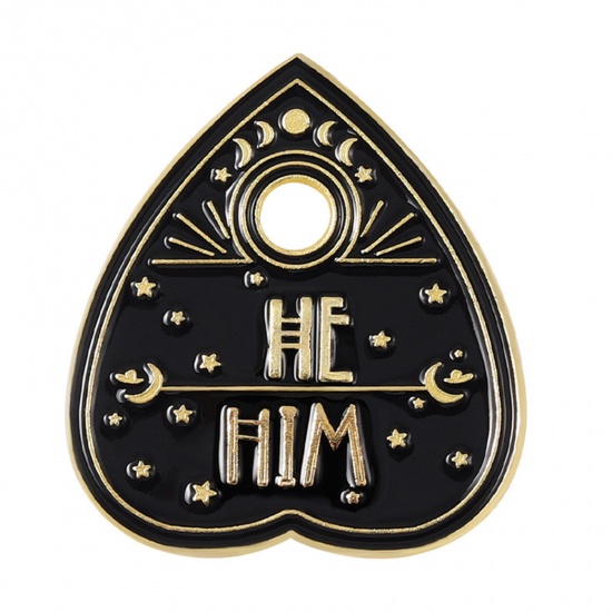 Picture of Punk Pin Brooches Sun Moon Star Message " HE & HIM " Gold Plated Black Painted 2.8cm x 2.3cm, 1 Piece