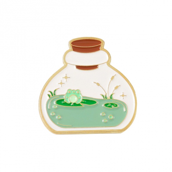 Picture of Cute Pin Brooches Bottle Frog Gold Plated White Enamel 2.5cm x 2.5cm, 1 Piece