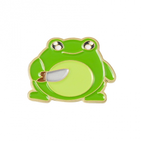 Picture of Cute Pin Brooches Knife Frog Gold Plated Green Enamel 2.5cm x 1.8cm, 1 Piece
