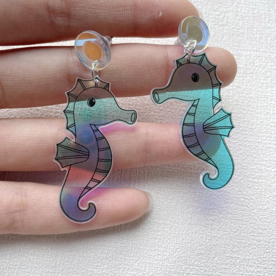 Immagine di Acrylic Ocean Jewelry Ear Post Stud Earrings Silver Tone Blue Seahorse Animal AB Color 5.9cm x 2.4cm, 1 Pair