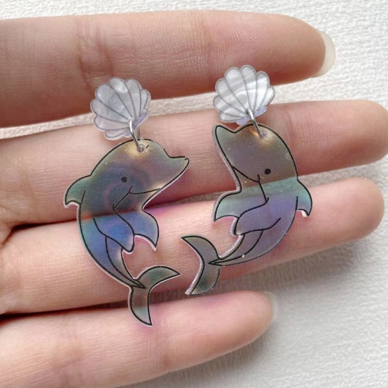Immagine di Acrylic Ocean Jewelry Ear Post Stud Earrings Silver Tone Blue Dolphin Animal AB Color 4.8cm x 2.4cm, 1 Pair