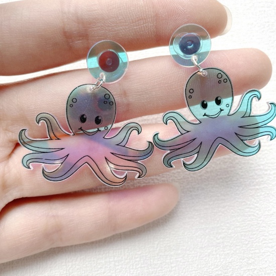 Immagine di Acrylic Ocean Jewelry Ear Post Stud Earrings Silver Tone Blue Octopus AB Color 4.2cm x 3.8cm, 1 Pair